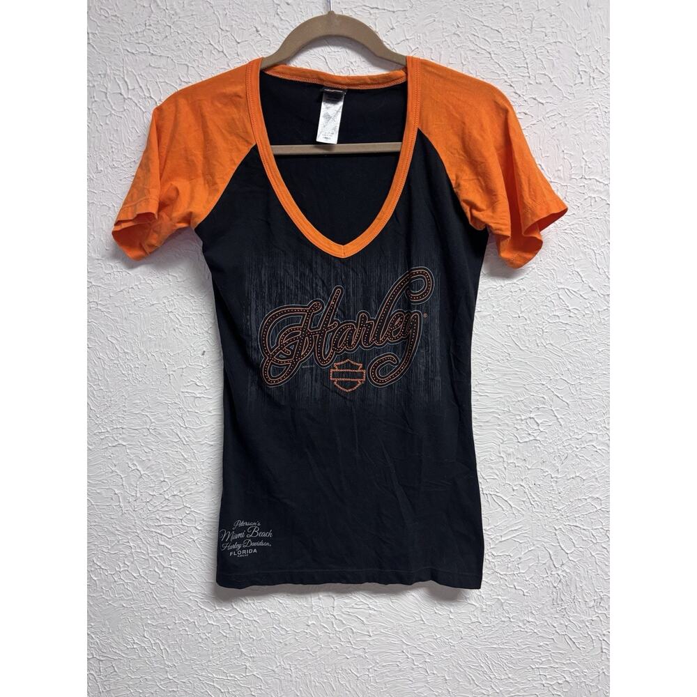 Women's Harley Davidson Peterson Miami Beach T-Shirt Black Orange Size